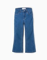 Jean évasé bleu pour fille, avec taille ajustable et poches.