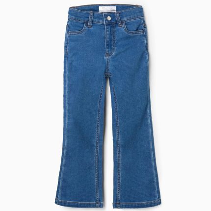 Jean évasé bleu pour fille, avec taille ajustable et poches.