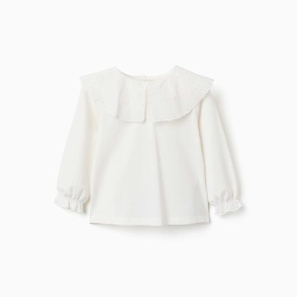 T-shirt à manches longues et col maxi brodé pour bébé fille, blanc