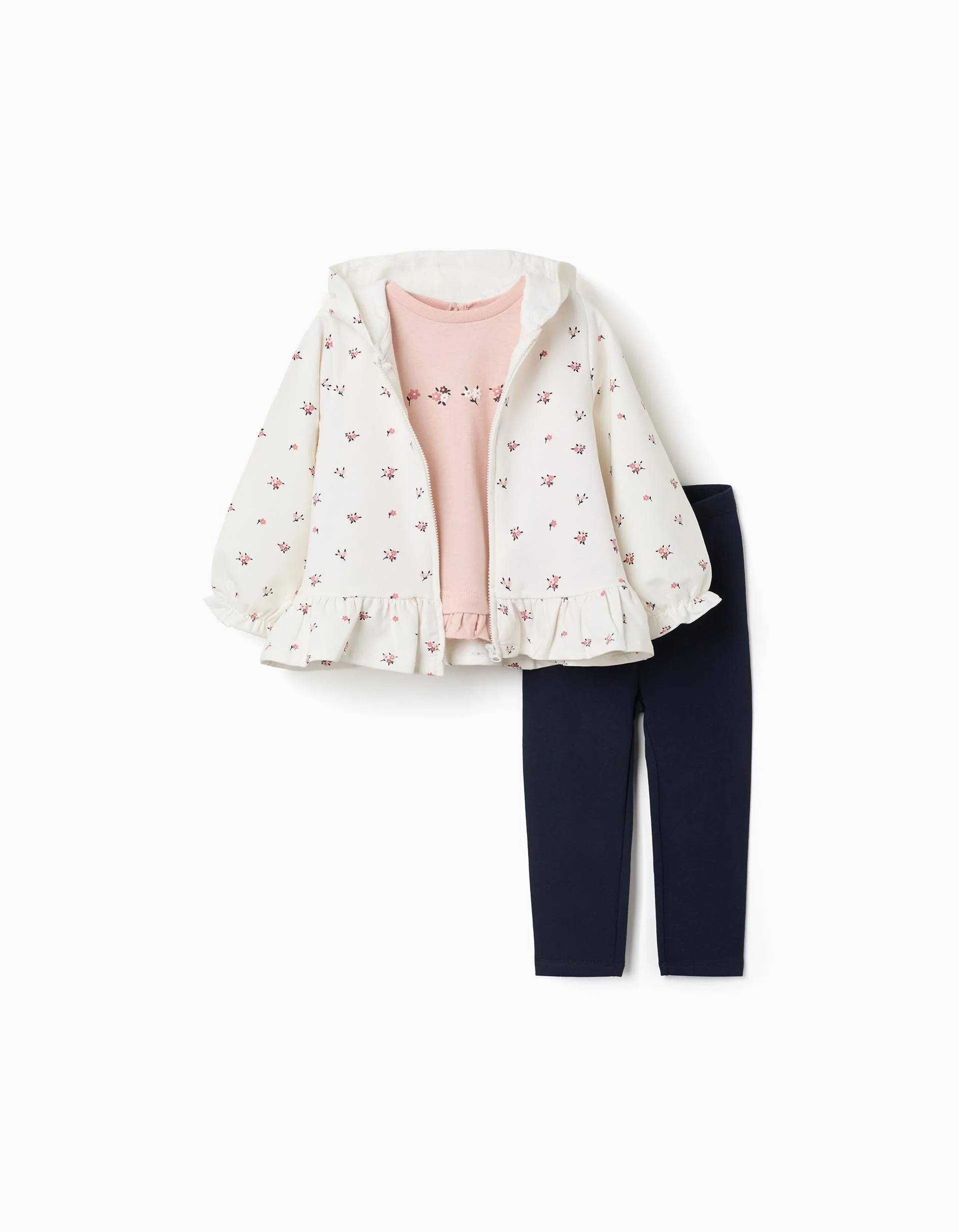 31082648041-0 Ensemble 3 pièces en coton à imprimé floral pour bébé fille, blanc/rose/bleu – Image 1