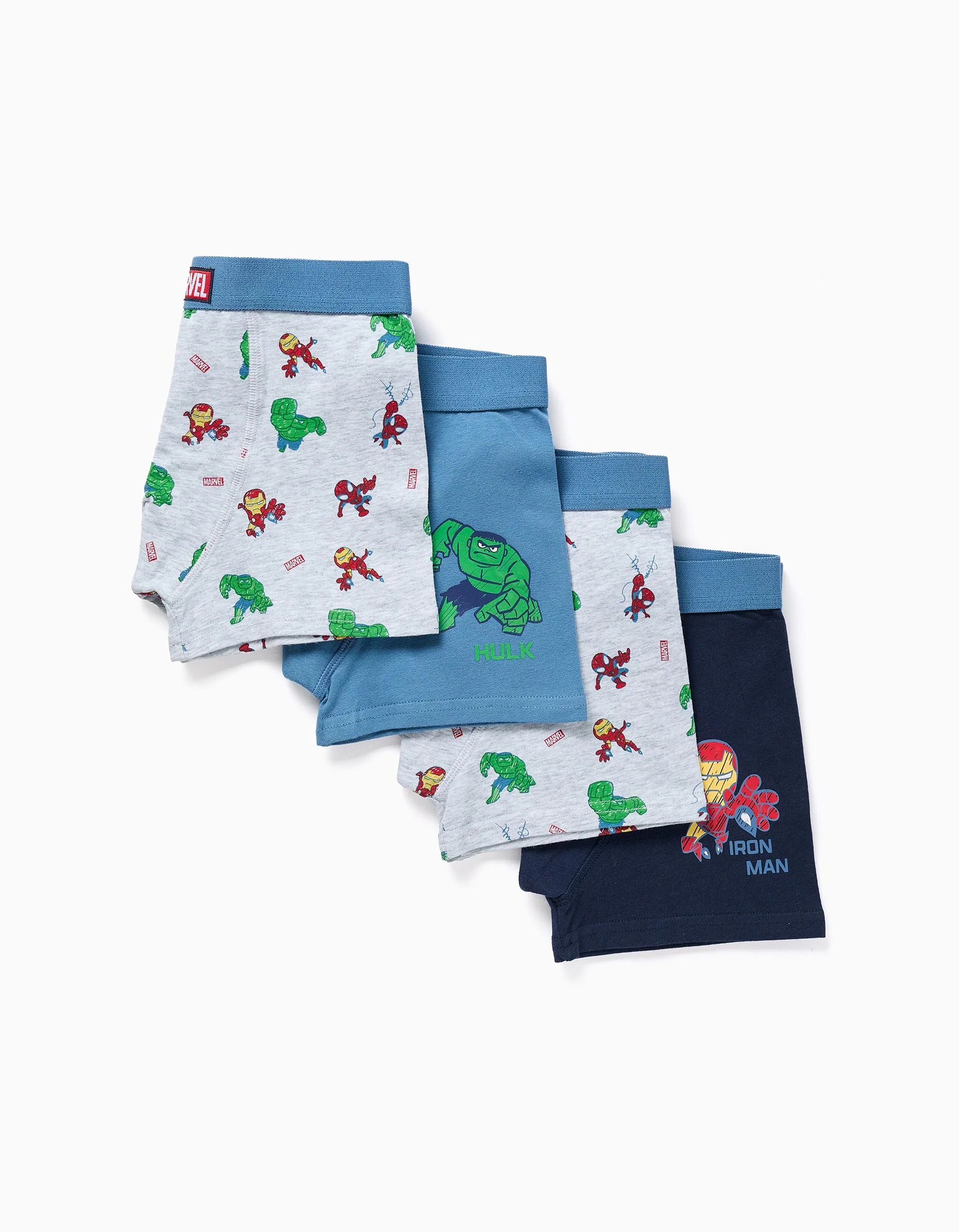 31082794035-0 Lot de 4 boxers en coton imprimés Marvel pour garçons, bleu/gris – Image 1
