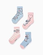 Lot de 4 paires de chaussettes à motifs Stitch pour filles, rose/bleu