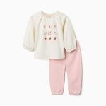 Pyjama en coton à manches longues avec fleurs pour bébé fille, blanc/rose