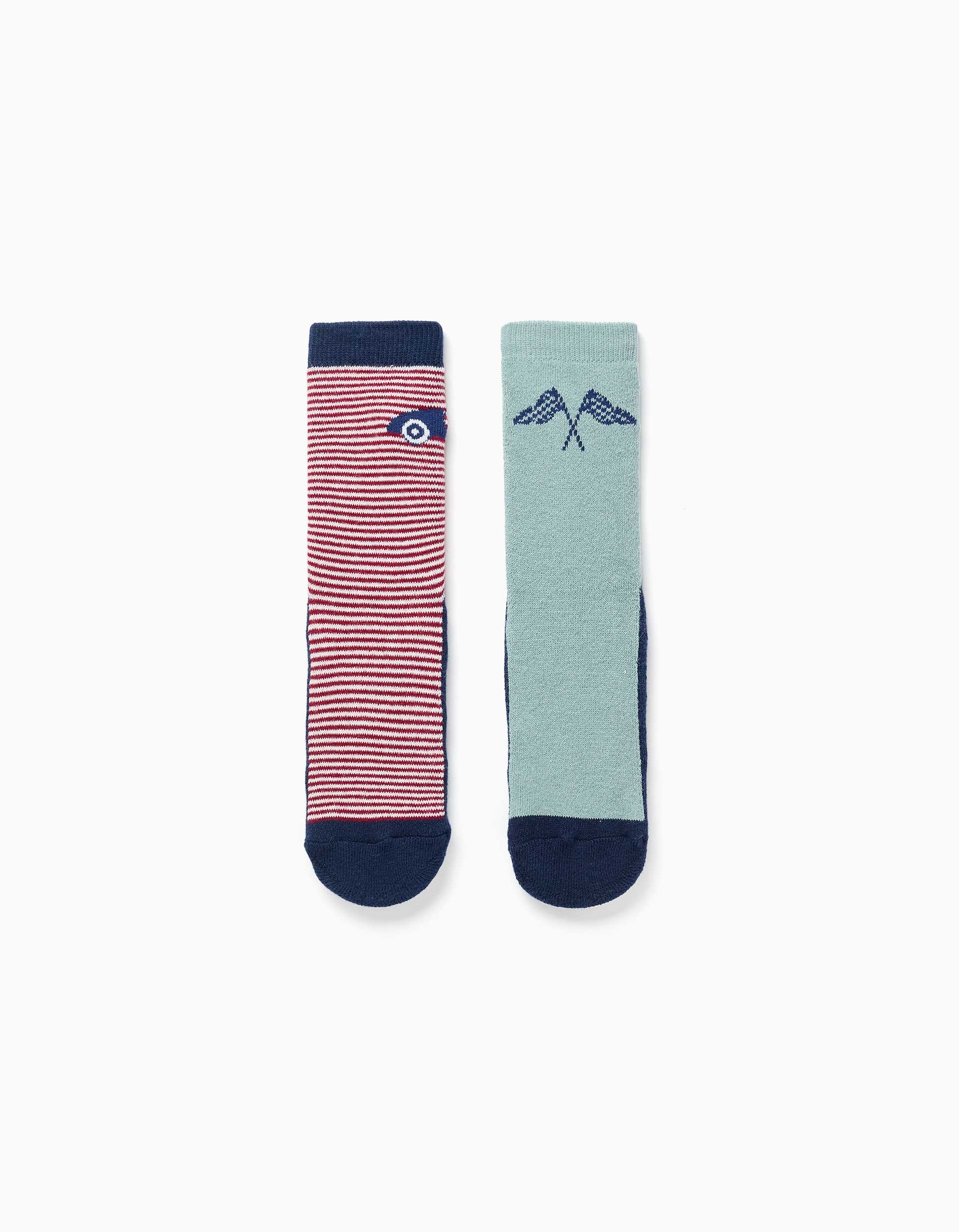 31083451035-0 2 paires de chaussettes antidérapantes pour garçons, doublées en éponge et ornées de motifs de voitures, multicolores. – Image 1