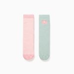 2 paires de chaussettes antidérapantes en éponge à rayures/fleurs pour filles, rose/vert