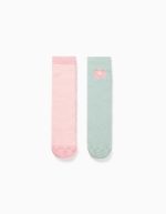 2 paires de chaussettes antidérapantes en éponge à rayures/fleurs pour filles, rose/vert