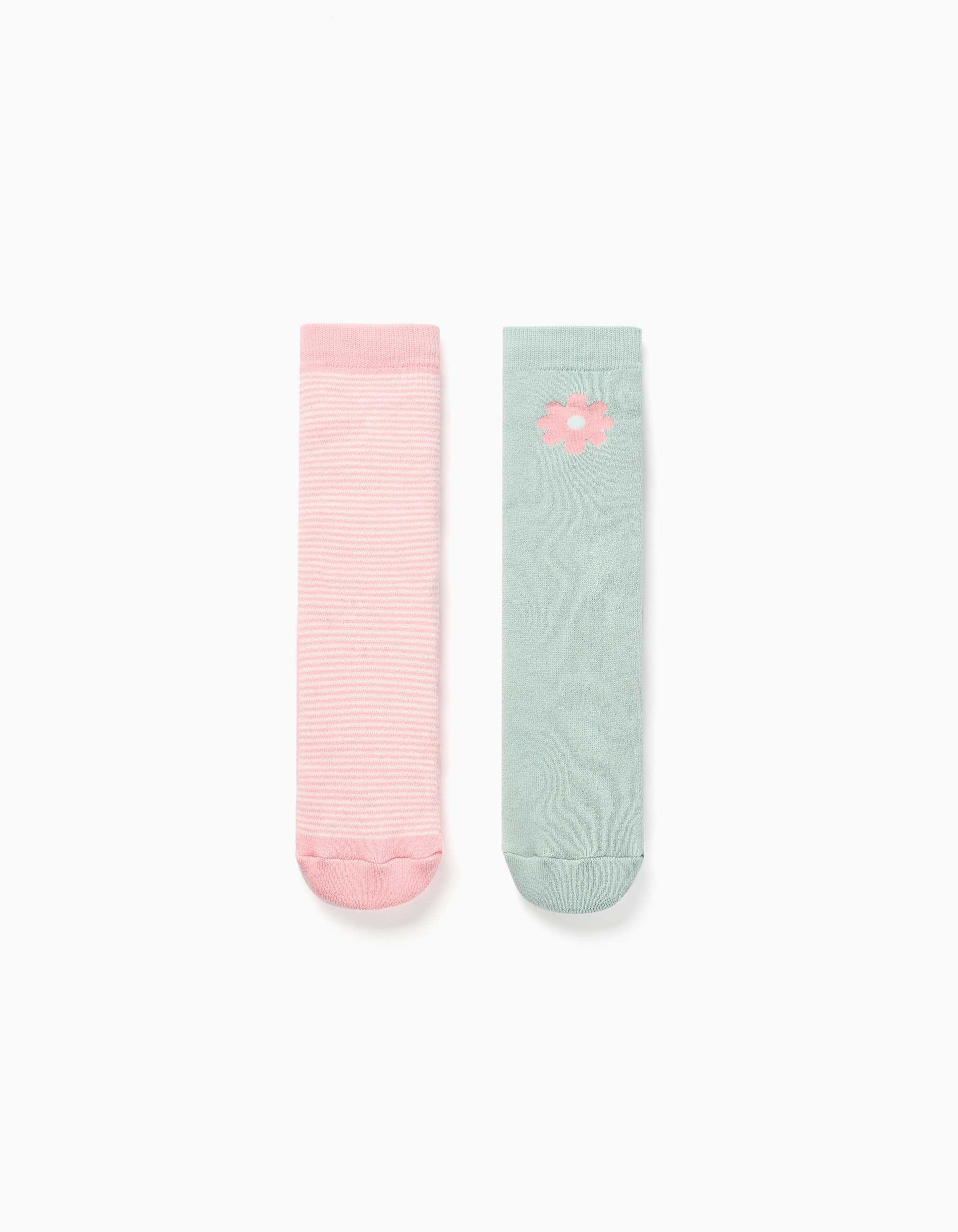 31083462035-0 2 paires de chaussettes antidérapantes en éponge à rayures/fleurs pour filles, rose/vert – Image 1