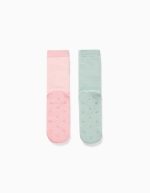 2 paires de chaussettes antidérapantes en éponge à rayures/fleurs pour filles, rose/vert – Image 2