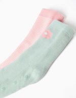 2 paires de chaussettes antidérapantes en éponge à rayures/fleurs pour filles, rose/vert – Image 3