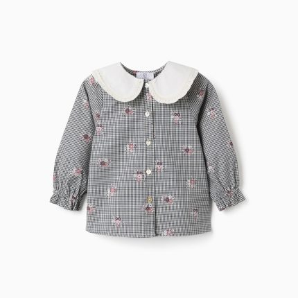 Chemise en coton vichy à imprimé floral pour bébé fille, blanc/bleu marine