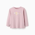 T-shirt à manches longues en coton imprimé et à volants pour filles, lilas