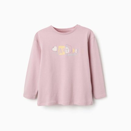 T-shirt à manches longues en coton imprimé et à volants pour filles, lilas