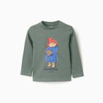 T-shirt à manches longues en coton vert foncé, motif Paddington, pour bébé garçon.