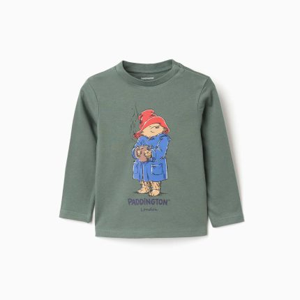 T-shirt à manches longues en coton vert foncé, motif Paddington, pour bébé garçon.