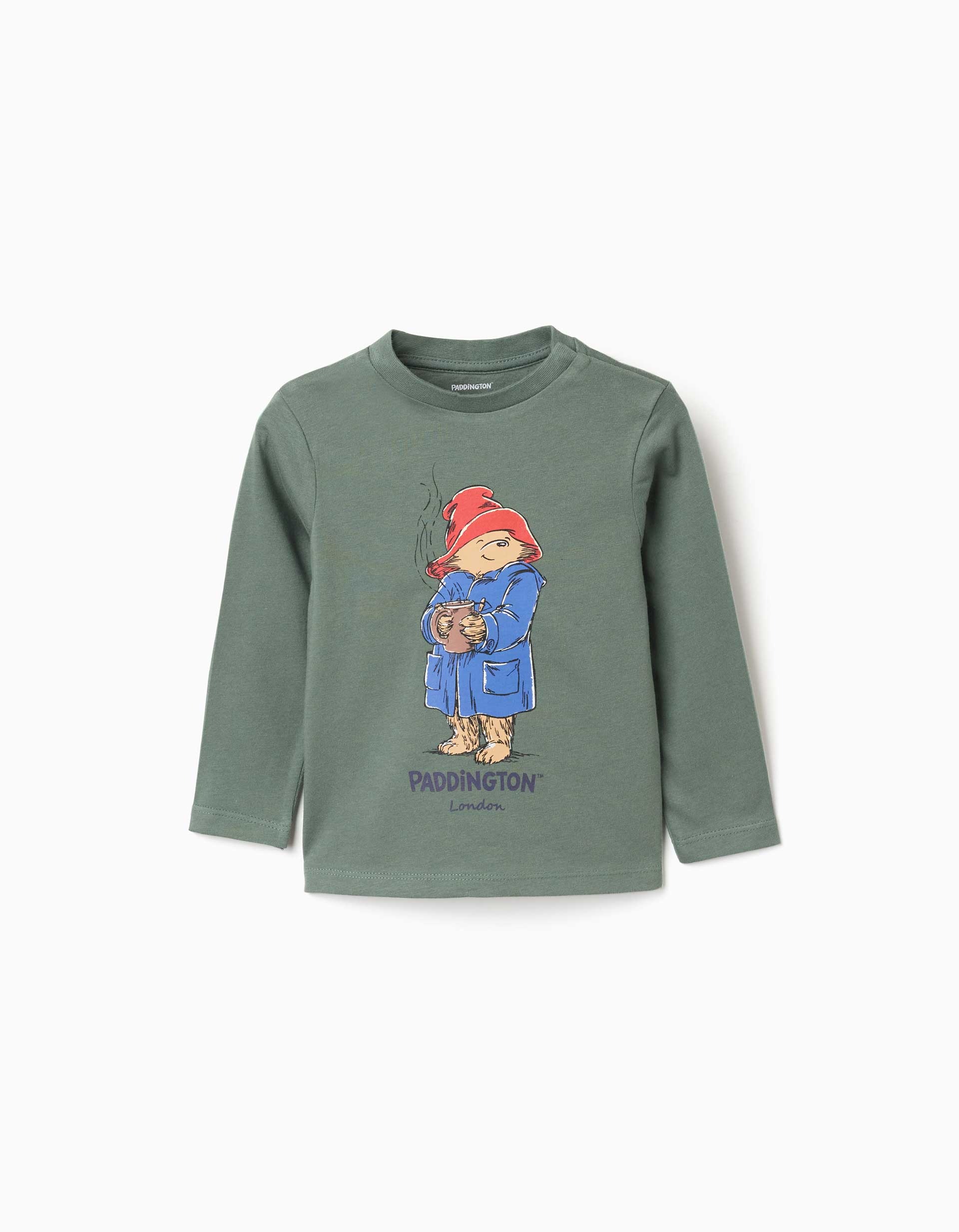 31083789009-0 T-shirt à manches longues en coton vert foncé, motif Paddington, pour bébé garçon. – Image 1