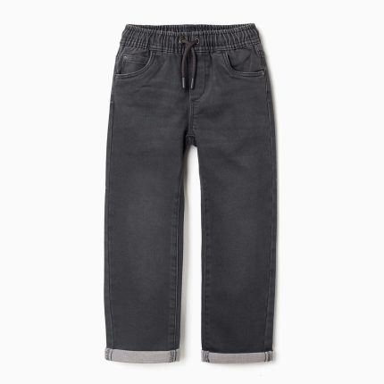 Pantalon de jogging en denim gris foncé, avec cordon de serrage et 5 poches, pour garçon