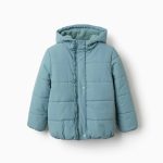 Doudoune à capuche doublée en polaire pour filles, bleu-vert